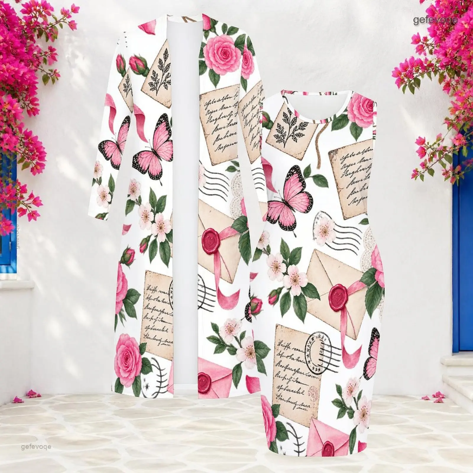Women Printed Floral Bow Lavender Daisy Two Piece Set, 3/4 Sleeve Long Open Cardigan and Sleeveless Bodycon Dress