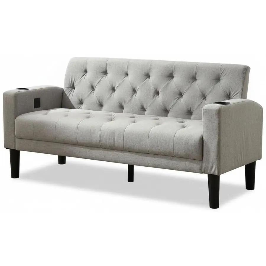 62 W Loveseat Sofa w 2 USB Charger Ports and 2 Cupholders, MidCentury Modern Tufted Linen Fabric Small Love Seat Couches for Co