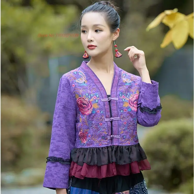 

2025 chinese improved blouse vintage hanfu tops national flower embroidery v-neck lace patchwork cardigan oriental tang suit