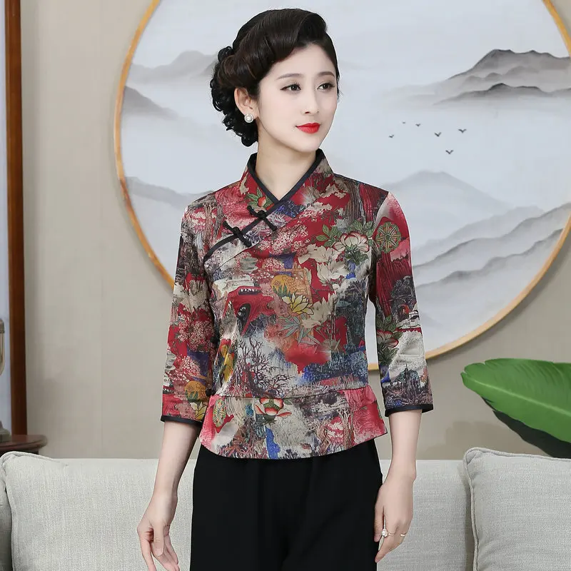 Tunique de style Cheongsam pour femme, imprimé floral, col mandarin, trois quarts, zhuang plus riche, financièrement, rouge ingent, manches Y, 2024