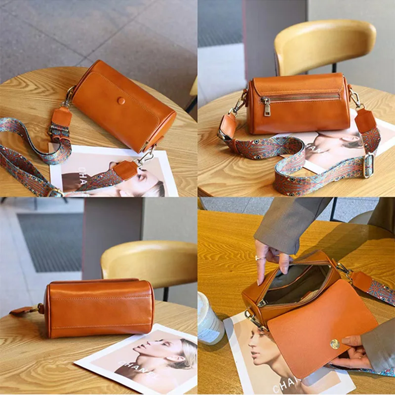 Casual Female Genuine Leather Messenger Bags Women Vegetable Tanned Leather Pillow Bags Solid Color Lady\'s Single Shoulder Bag