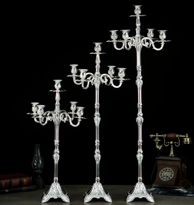 Luxury Tall Candle Holder Metal Living Room Silver Tealight Five Arm Candlestick Wedding Centerpieces Bougeoir Home Decor FC370