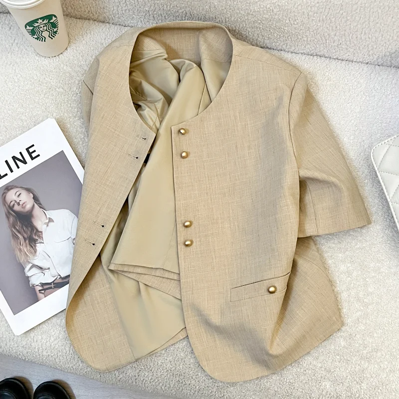 

Khaki Simple Fragrance Short-sleeve Blazer for Women Summer Fashion High Quality Loose Elegant French-style Blouse