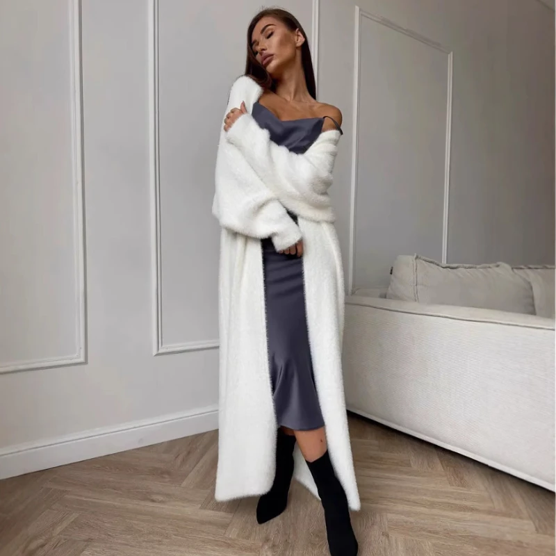 Autumn Elegant Women Fuzzy Knit Long Cardigan Fashion Casual All White Simple Coat Holiday Work Female Knitwear Overcoat