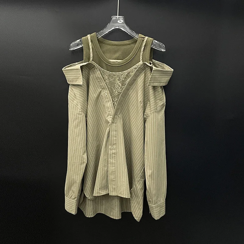Women A-line Short Skirt Autumn New Fashion Unique Patchwork Faux Two-pieces Off-Shoulder Shirt