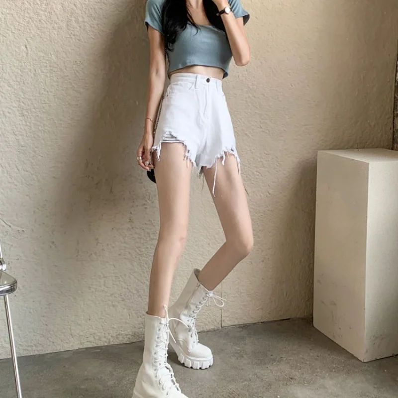 Women\'s Shorts White Short Pants for Woman To Wear Sexy Ripped Denim Jeans High Waist Classic Korean Style New In Trend 2024 XL