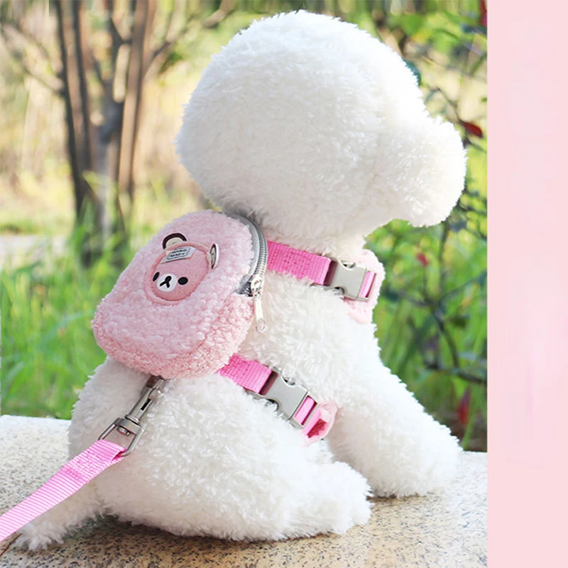 Ciepłe szelki plecakowe dla psa z zestawem smyczy Ciepła wełna jagnięca Cartoon Bear Pet Puppy Harness dla małych zwierząt Produkty do noszenia smyczy