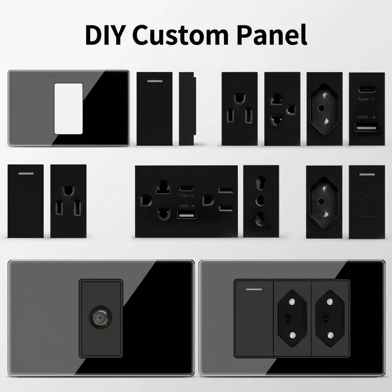 

2x4 inch Tempered Glass Wall Plate DIY Modular Design NEMA 5-15R Duplex Outlet Combination with US/EU/Italy/Chile Socket Modules