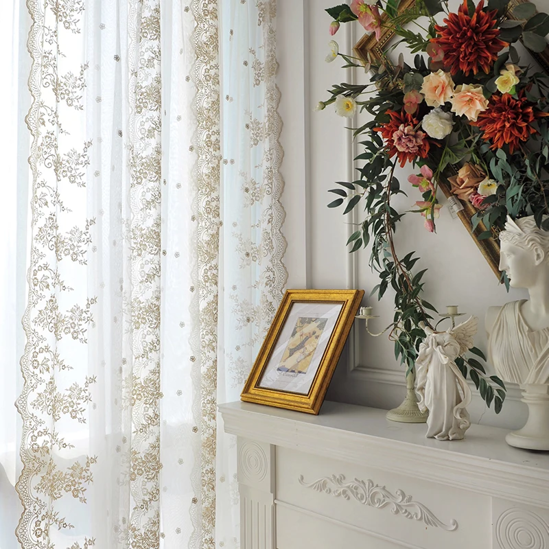 Embroidery Gauze Light Luxury French Pastoral Style Lace Embroidery White Tulle Curtains for Living Room Bedroom Custom Size