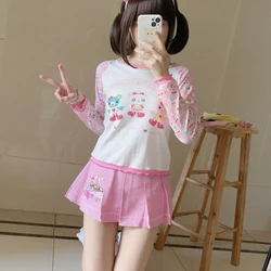 Japanese Kawaii Lolita Style Skirt Set Women Sweet Cute Cartoon Print Tshirts Top Pink Embroidery Cake Mini Skirts Cute Y2k Suit