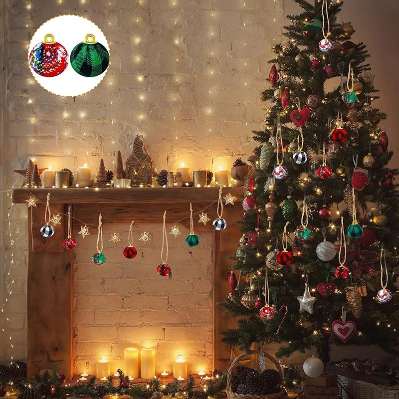 9PCS Christmas Decor 3.15Inch Christmas Check Fabric Wrapped Balls Pendants For Christmas Decor A