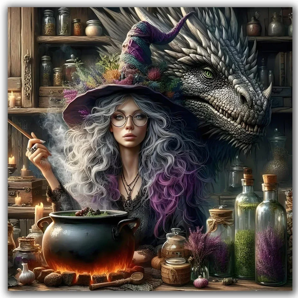 

Тьма, ведьма и дракон, алмазная живопись, полная квадратная/круглая Алмазная мозаика на Хэллоуин, сделай сам, ювелирные изделия, вышивка крестиком, домашний декор