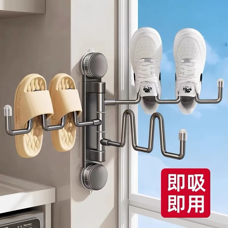 Escurridor de zapatos para balcón, interior y exterior, herramienta de secado de sandalias sin taladro, ventosa, rejilla de secado de zapatos plegable de acero inoxidable, estante de almacenamiento de zapatos montado en la pared, estante de drenaje sin taladro para dormitorio