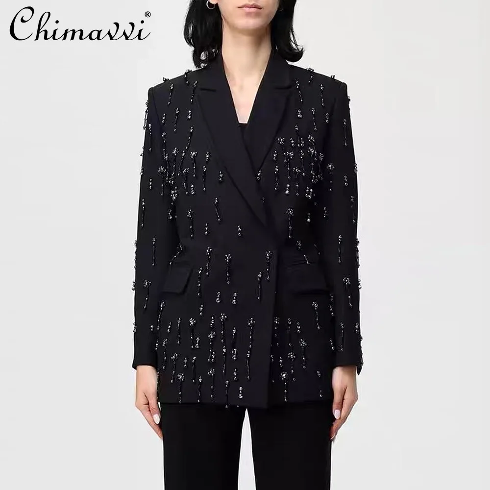 

2026 Spring Autumn New Heavy Beaded Rhinestone Embellished Oversized Blazer Jacket Fashion Long Sleeve Chic Coat Women Tops