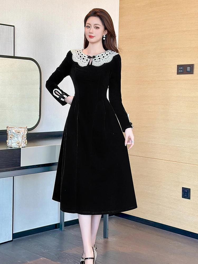 Straße Kleidung frauen Schwarz Samt Spitze Oansatz A-Line Lange Kleid Elegante Formale Anlässe Schlank Robe Party Kleid Femme Casual Neue