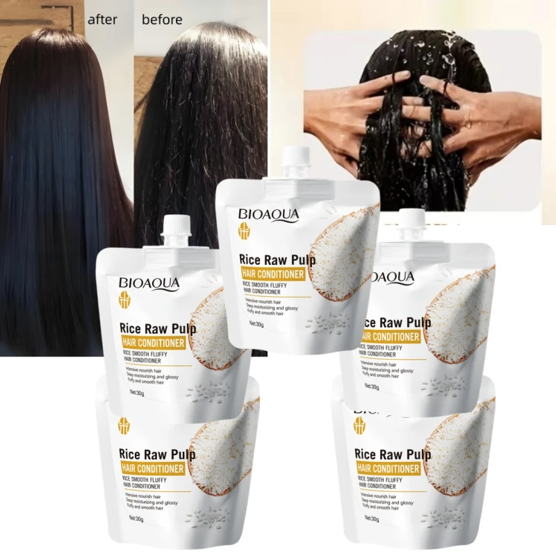 5 Beutel Reismilch-Conditioner, macht trockenes Haar sofort geschmeidig, natürliche Reismilch-Pflege, hinterlässt das Haar den ganzen Tag glatt und seidig, reich an nährender Reismilch, nährt geschädigtes Haar intensiv – Detail 1