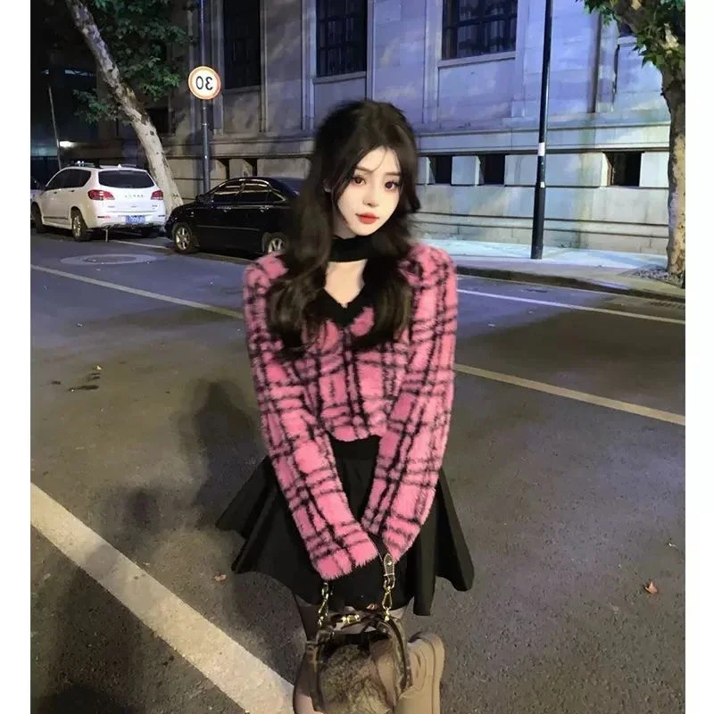 Korean Y2k Striped Short Length Halter Sweater Women Pink Long Knitted Sueter Mujer Elegant Contrast Color High Waist Pullovers