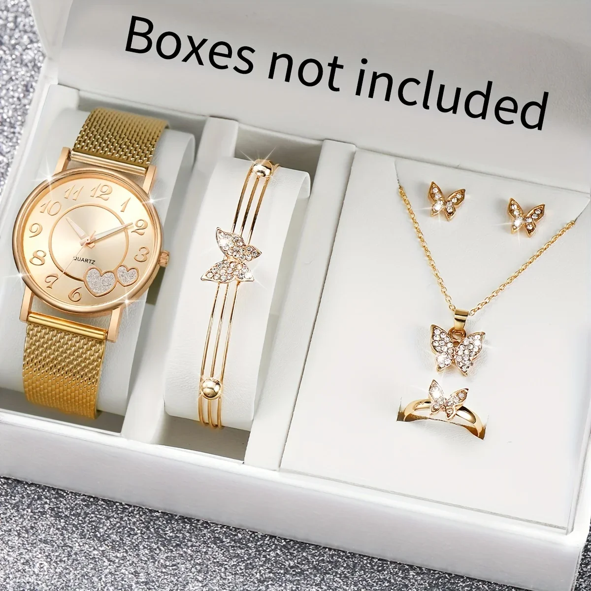 2026Women Gold Mesh Band Double Heart Dial Quartz Watch + Crystal Butterfly Bracelet Necklace Earring Ring 5Pcs Jewelry Set