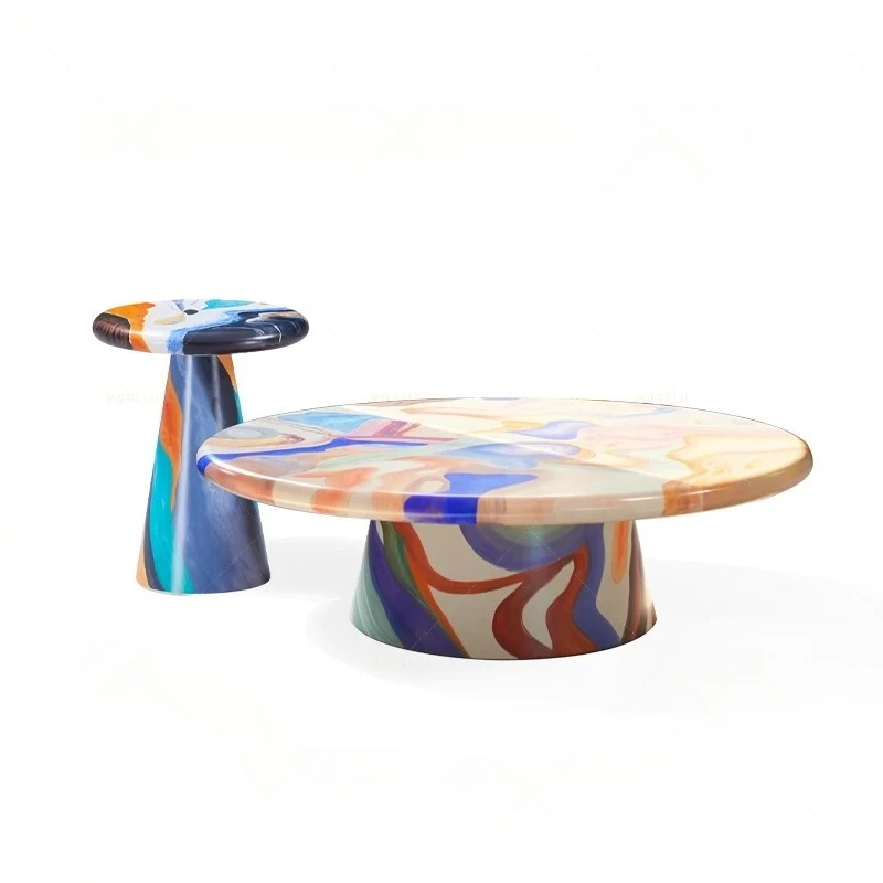 

Medieval style painted solid wood round coffee table combination designer living room home high-end coffee table