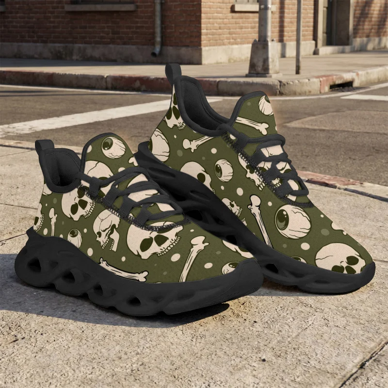 Ladies Men's Casual Sneakers，Solid color army green cartoon horror skull eyes crescent moon print gothic horror street style pat - view 2