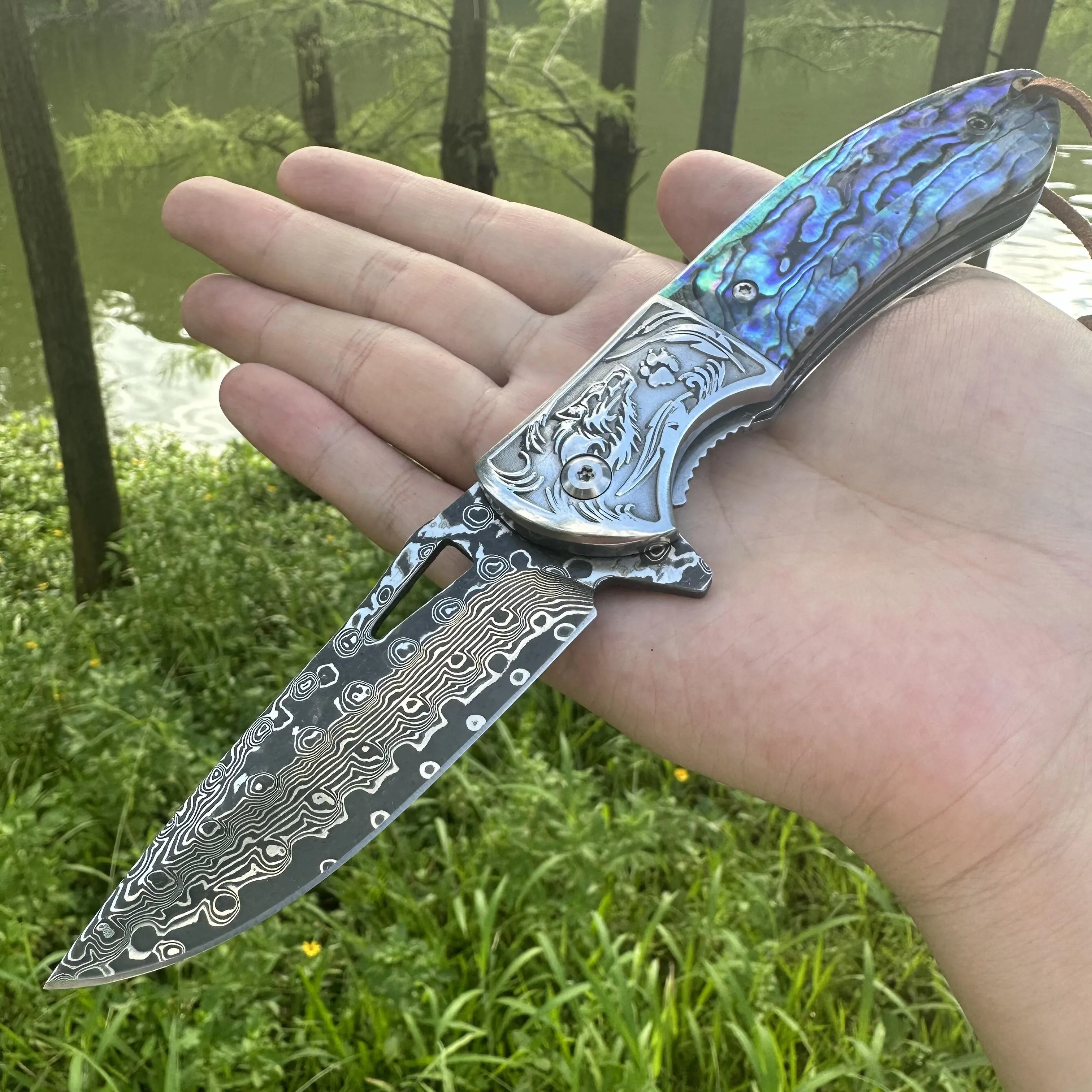 

Steel Rose Handmade VG10 Damascus Folding Knife Abalone Shell Handle Ball Beaing Fast Opening Premium Quality Outdoor Men Gift