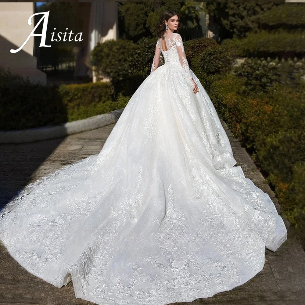 Abiti da sposa O-Collo personalizzati 2025 Maniche lunghe A-Line Abito da sposa Applicazioni di pizzo di cristallo Scoop Abito da sposa Vestido De Novia