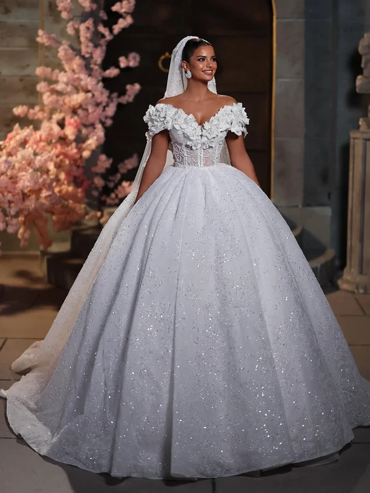 Glitter trouwjurk geborduurd kant met kraal 3dflower baljurk mouwloze boothals bruidjurk op maat vestido de novia - afbeelding 2