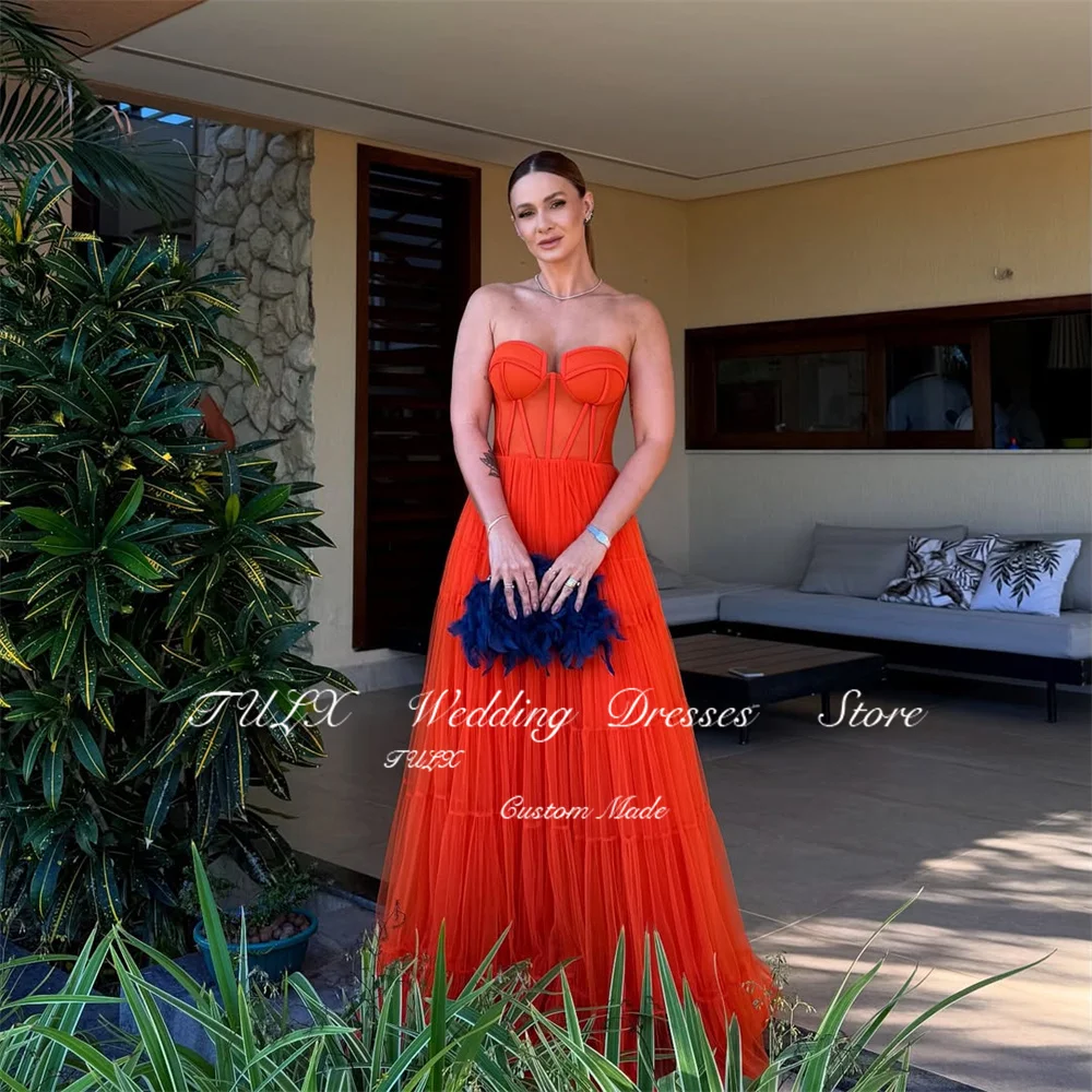 TULX Elegante orangefarbene Tüll-Abendkleider, sexy Schatz-Partykleider, A-Linie, bodenlang, formelles Anlasskleid, individuell gestaltet