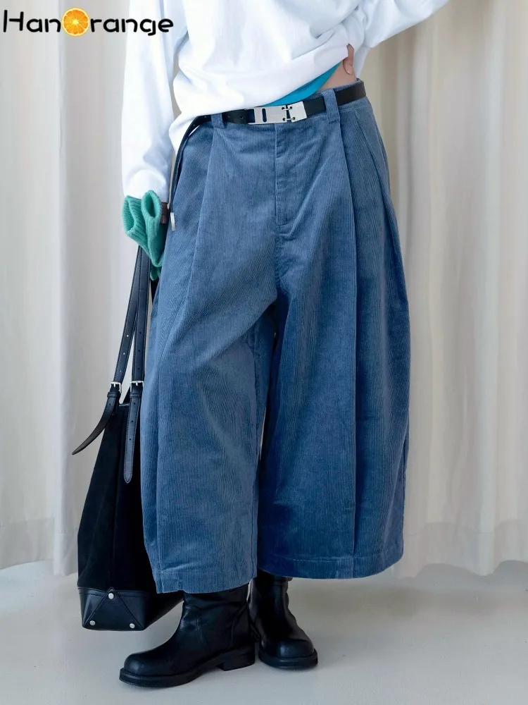 Women Japanese Pleated Corduroy Wide Leg Pants, Elastic Waist Loose Casual Retro Trousers