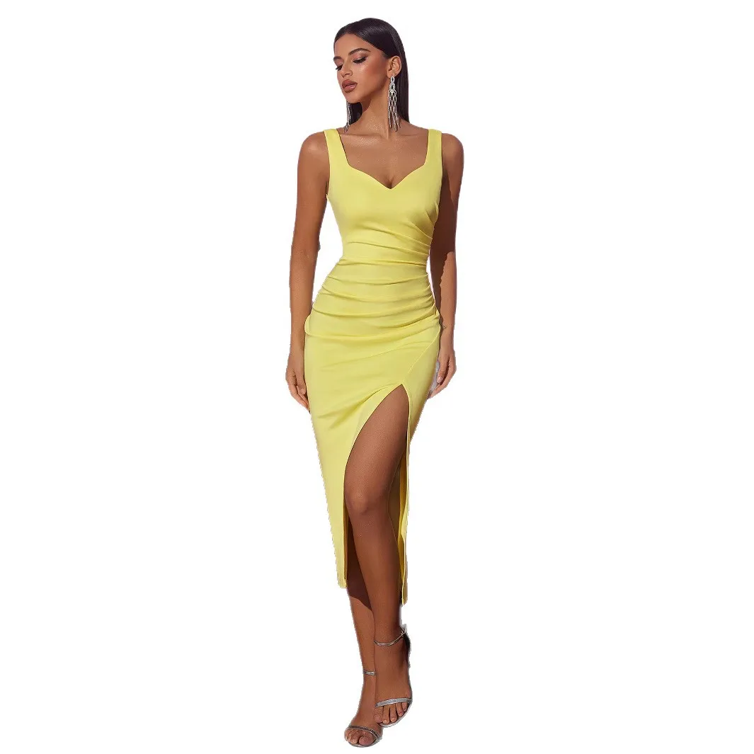 

Sexy V-neck Spaghetti Straps Sleeevless Ruched Side Split Mid Party Dress