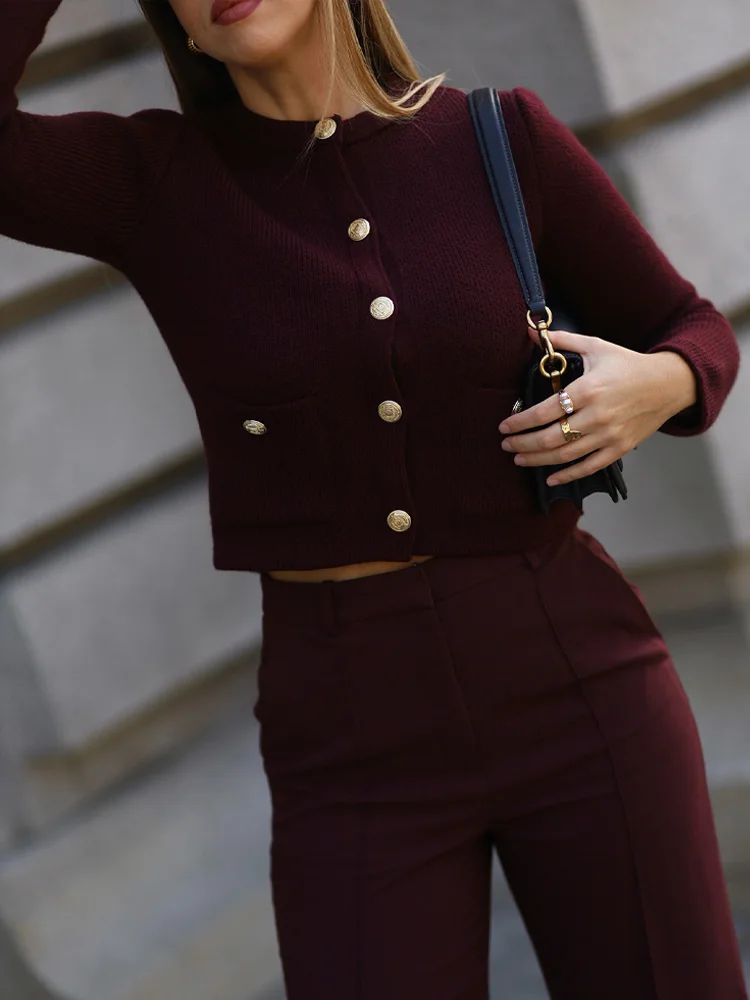 HH TRAF 2024 Woman's Coats Wine Red O-Neck Long Sleeves Pockets Single Breasted Cardigans Autumn Knitted Tops Woman Trendy