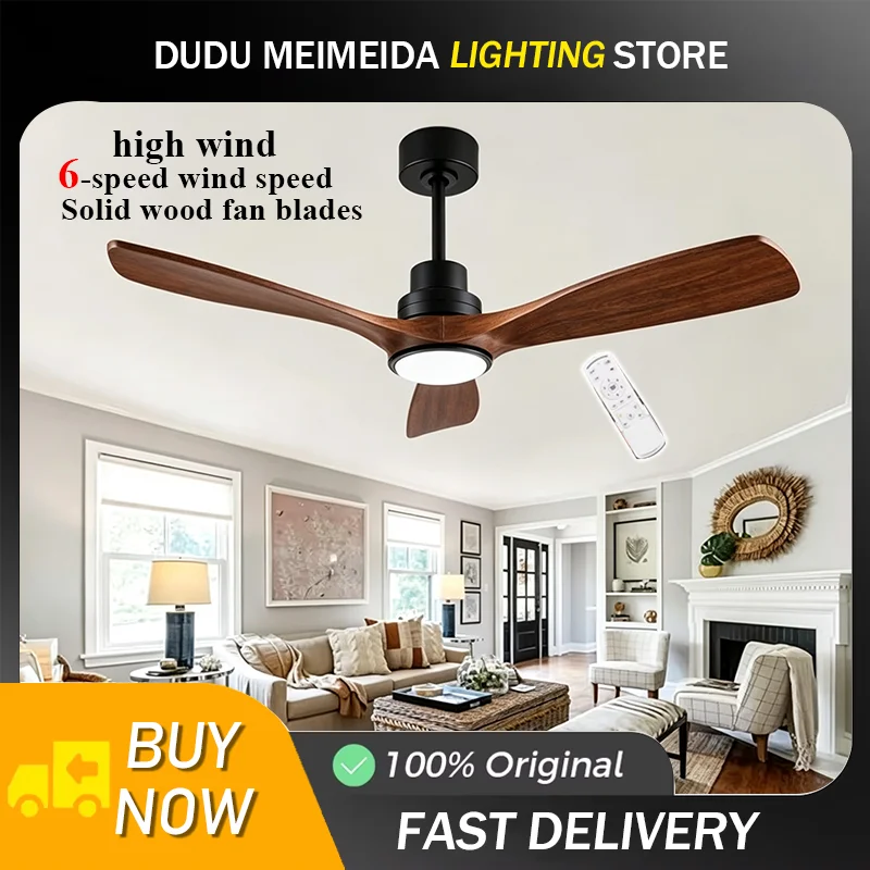 Intelligent Remote Control Mute Home 52 Inch 3 Blades Solid Wood Modern Matte Black Chandelier With Fan Ceiling