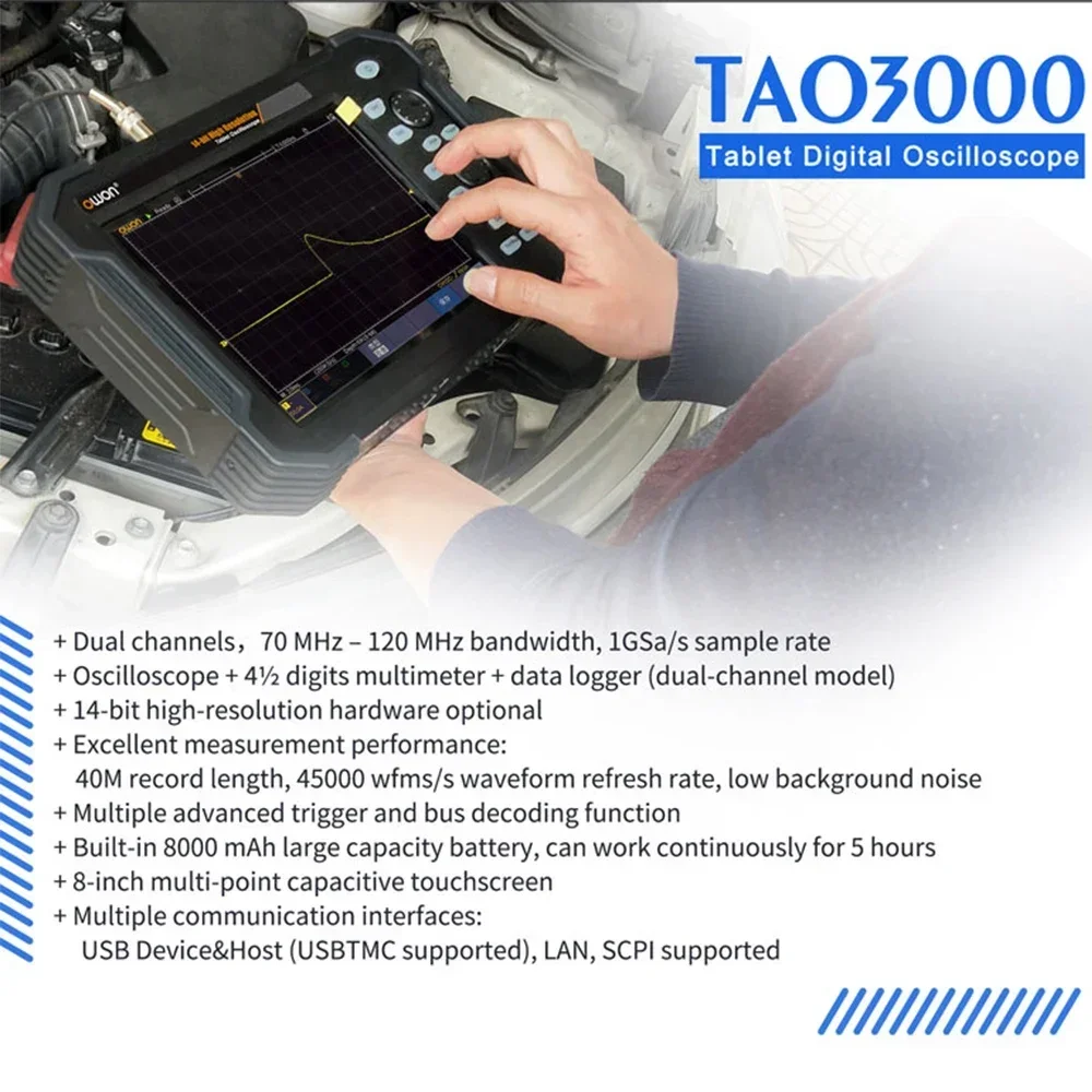 OWON Portable Tablet Oscilloscope 2CH 1GS/s 8 bits TAO3072 TAO3122 14-bits TAO3102A TouchScreen 70/100/120Mhz Digital Multimeter