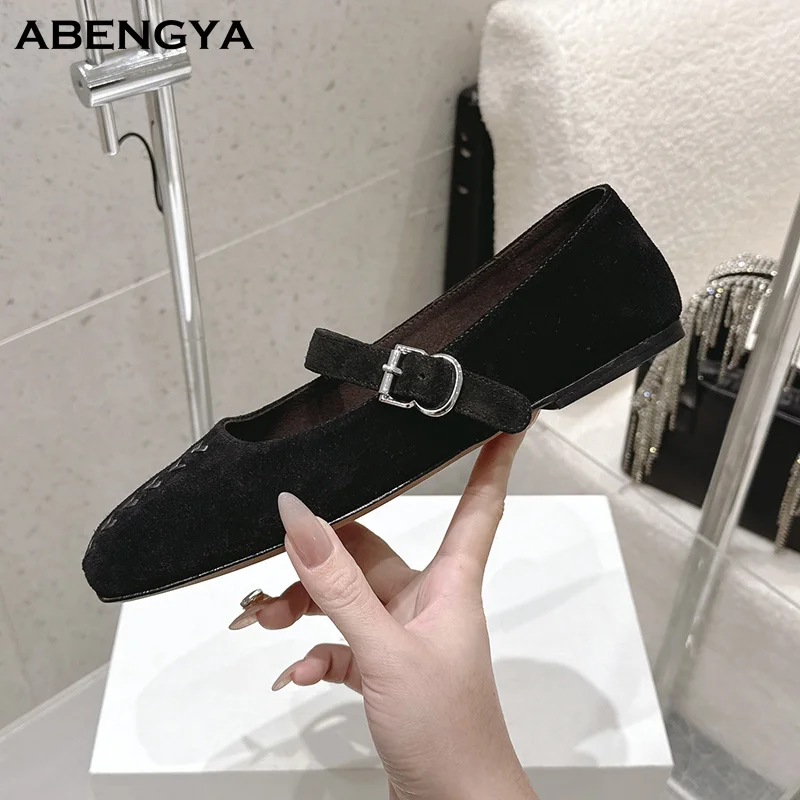 Designer Khaki Suede Flat Loafers Shoes Woman Square Toe Buckle Daily Shoes Spring Casual Party Vacation Walking Shoes For Women