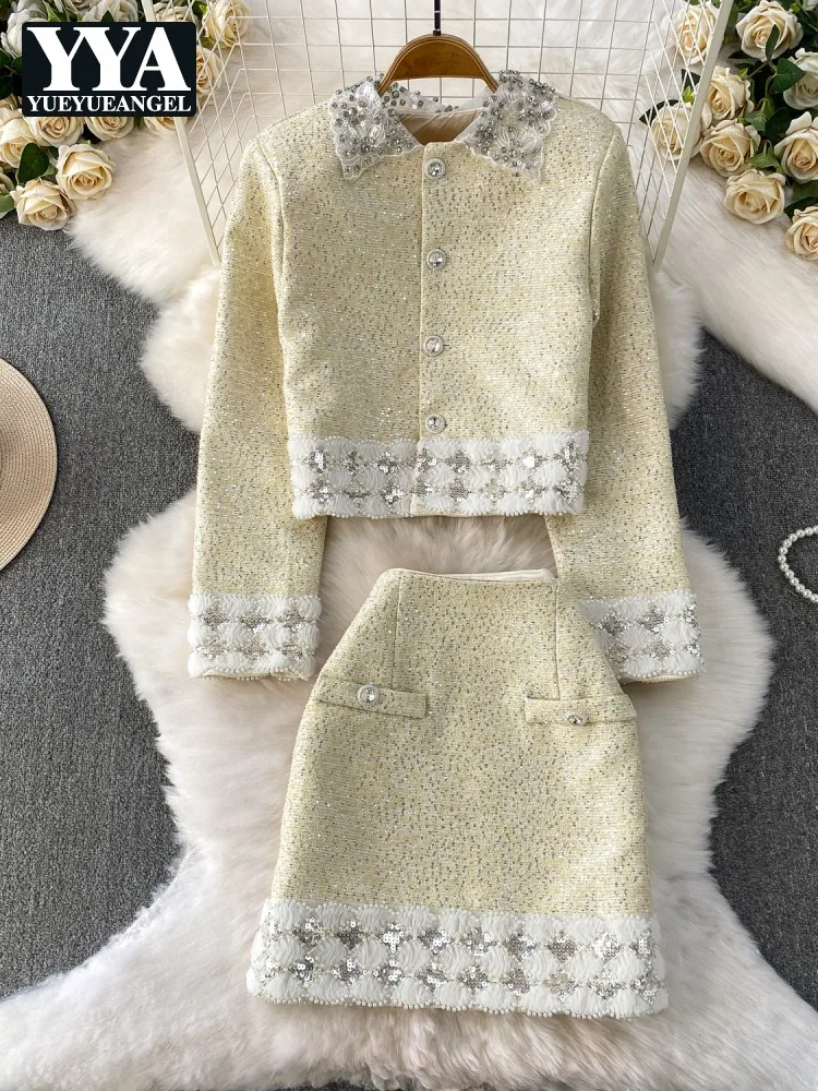 Elegant Office Ladies Beading Sequined Diamond Lace Tweed Jacket Slim Fit High Waist A Line Skirt Women Fashion Two Piece Set