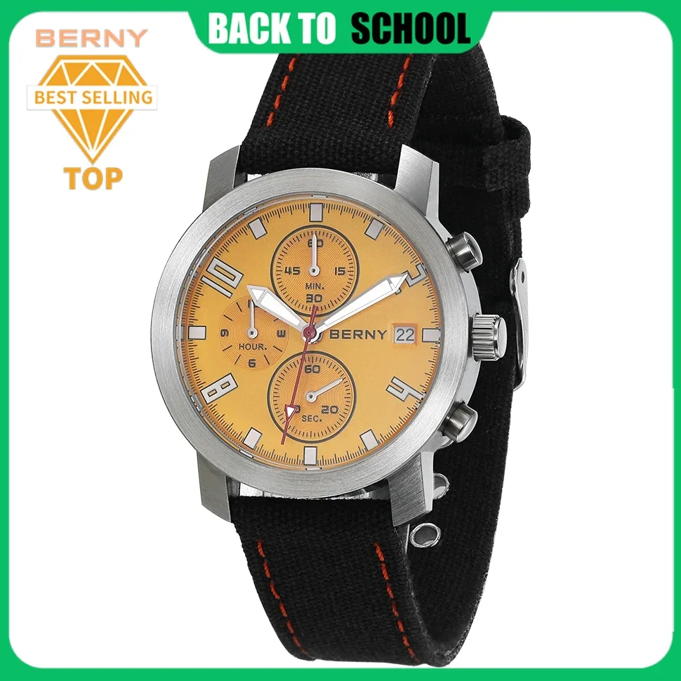 

BERNY Watch for Men Pilot Chronograph Quartz Wristwatch Sapphire Luminous 5ATM Date Clock Canvas Bracelet Multifunction Sports