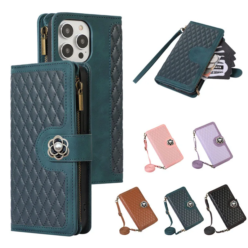 Multi 9 Cards Camellia Checkered Crossbody Flip Case For Samsung Galaxy A54 A34 A24 A14 A73 A53 A33 A23 A13 Zipper Wallet Cover