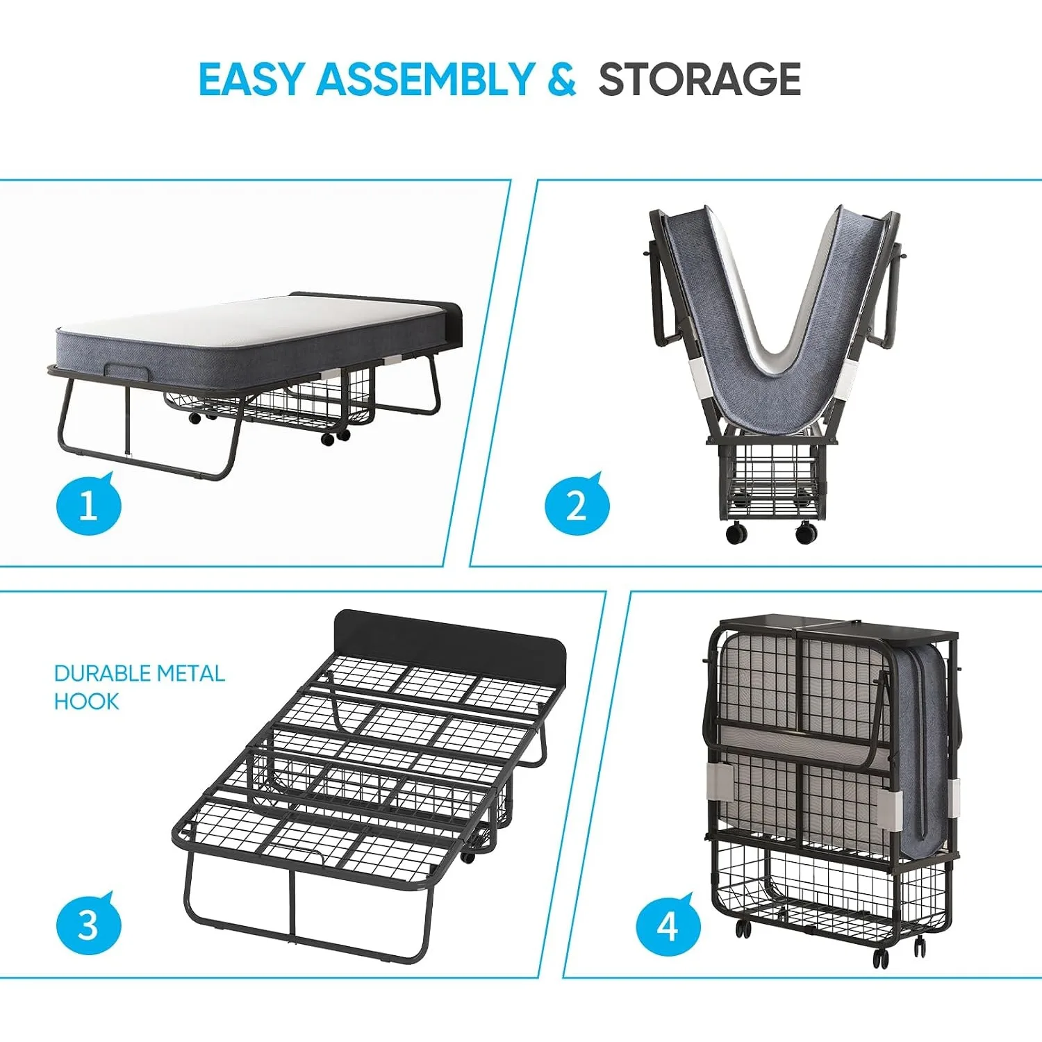 Folding Bed, 75" x 31" Rollaway Bed with 5" Mattress for Adults, Headboard & Dustproof Cover & Storage, Customized image 5