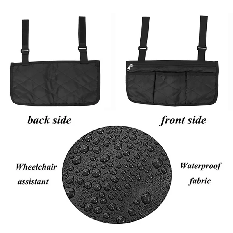 Wheelchair Armrest Storage Bag, Side Bags To Hang On Side With Waterproof Black Walker Storage Pouches For Baby Cart