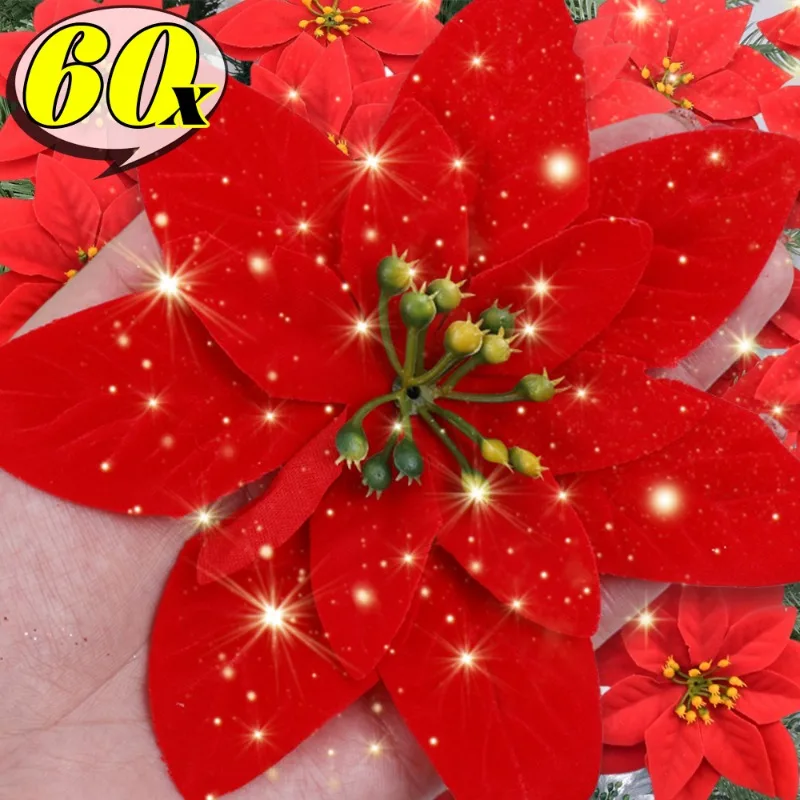 60/1pcs Glitter Christmas Flowers Artificial Silk Fake Flowers Xmas Tree Decor with Clip Wedding Party New Year Wreaths Supplies