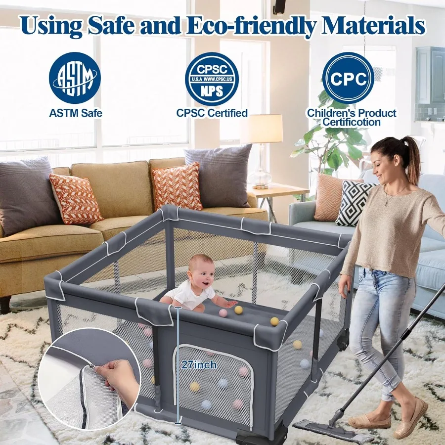 Cercadinho dobrável para bebês com tapete 50 "x 50" cercadinho dobrável para bebês e crianças, quintal de segurança resistente com portão portátil para crianças