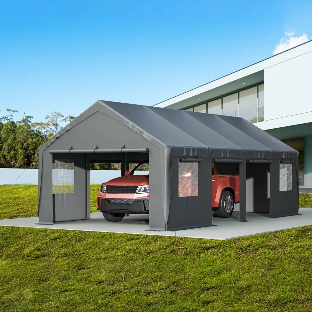 

Carport 13x25'x10' Heavy Duty с подвижной боковой стенкой и вентилируемыми окнами, портативный уличный гараж для автомобиля, внедорожника, лодки, серый