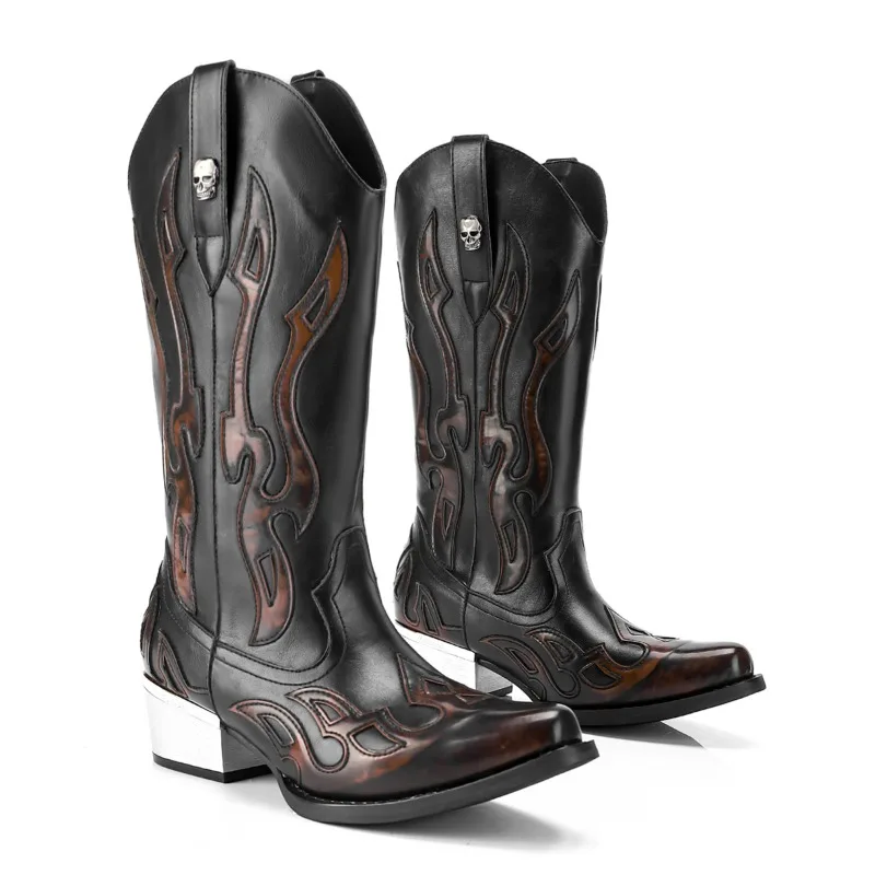 Men's Women's Fad Retro Leather Boot Thick Heel Western Denim Boot Punk Side Zipper Couple Mid-tube Waterproof Boots Botas Mujer