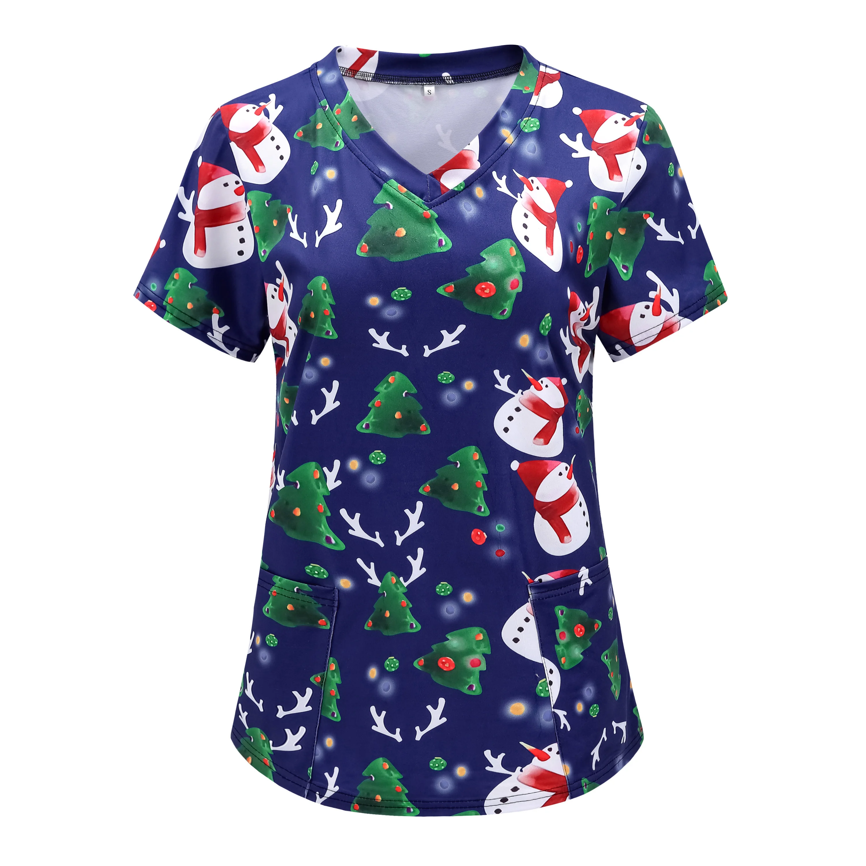 Christmas Working wear Women Nurse Style T-shirts Pocket Front Tops Casual Short Sleeve V Neck  Women's Clothing