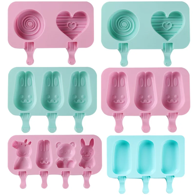 2024 New Ice Cream Silicone Mold Love & Animal Shape Cute Ice Cube Maker Homemade Ice Mould with Stick and Lid Kitchen Gadgets