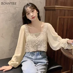 Blouse Women Square Collar Puff Sleeve Hollow Out Patchwork Fashion New Elegant All-match Loose Casual Sweet College Crop Tops