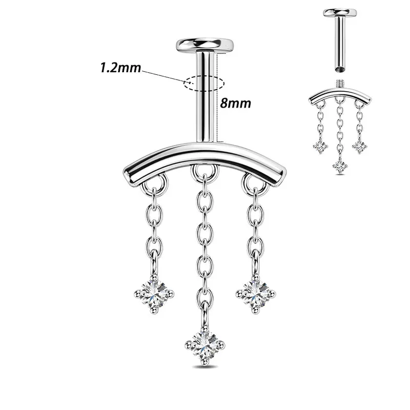 1 Stück/Set 316L Stahl Innengewinde-Ohrstecker mit Kupfer-Dreifachkette und Zirkonia-Anhänger, Helix-Lippenpiercing, Unisex, Trendig – Detail 5