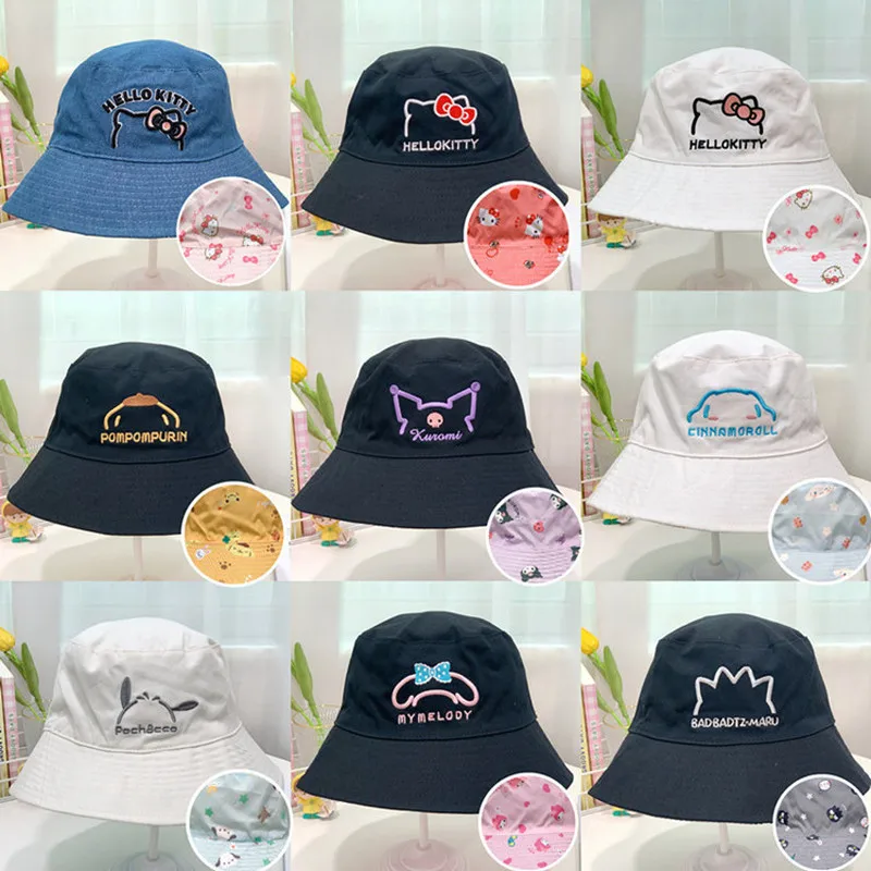 Sanrio Double-Sided Hat Kawaii Hellokitty Cinnamoroll Anime My Melody Kuromi Cute Cartoon Bucket Hat Fisherman Cap Girl Gift