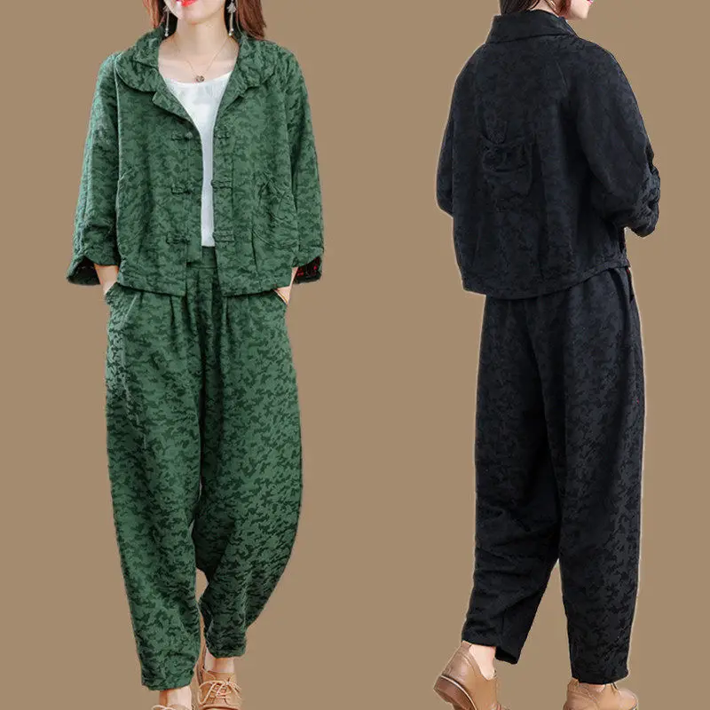 

Spring Autumn And Winter Cotton And Linen Set Women Jacquard Jacket Retro Large Size Lantern Pants Short Top 2 Piece Suit Z3145