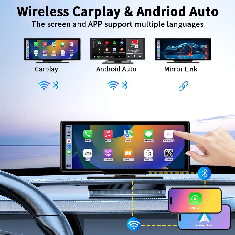 7/10.26 inch Wireless Carplay Screen 4KHD Front Camera Portable Android Car Radio Multimedia Video Player Universal Car Screen